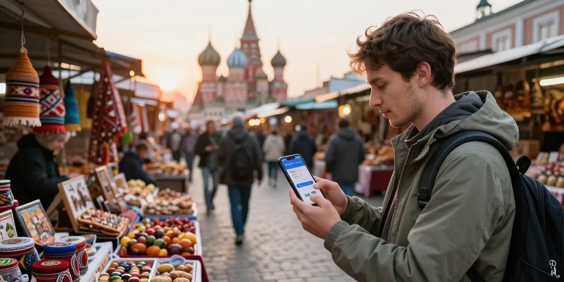 Penggunaan aplikasi https://payinrussia.com/ untuk pembayaran di pasar lokal Rusia dengan suasana ramai dan budaya tradisional.