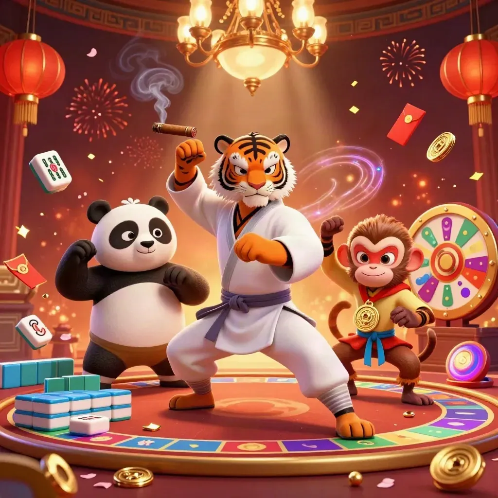 Harimau, panda, dan monyet di kasino mewah dengan efek keberuntungan neon.