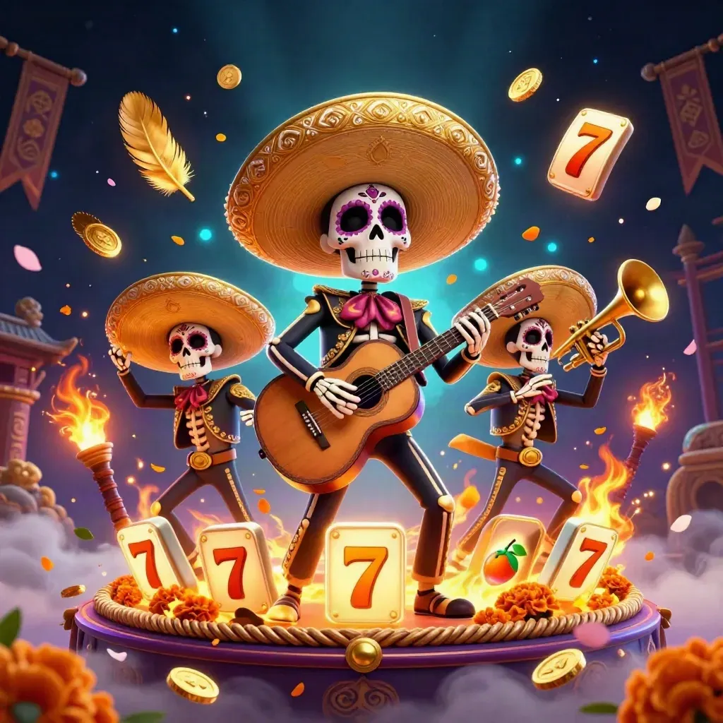 Trio skeleton mariachi di portal kuil Asia, ledakan emas dan cahaya cyan neon.