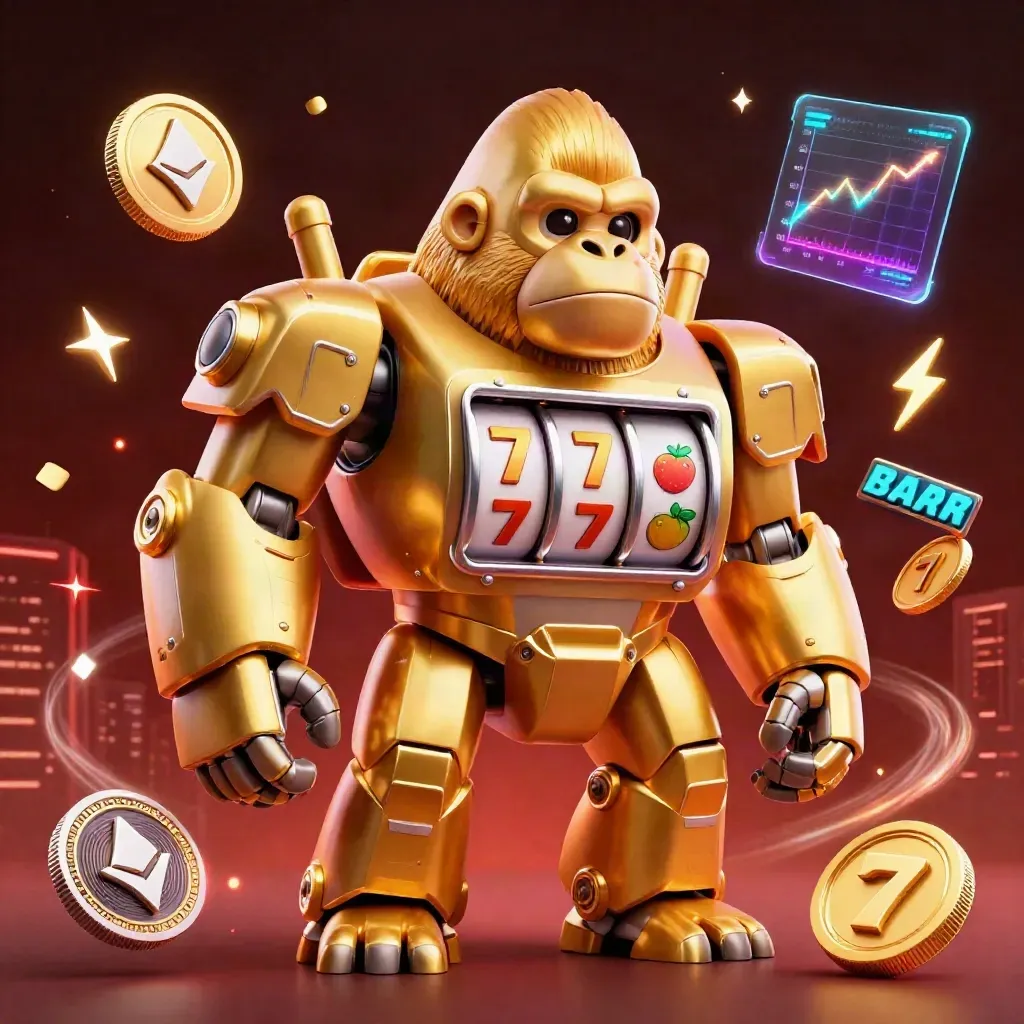 Kera mecha emas dengan pilot monyet, simbol slot, koin kripto, dan efek neon kasino.