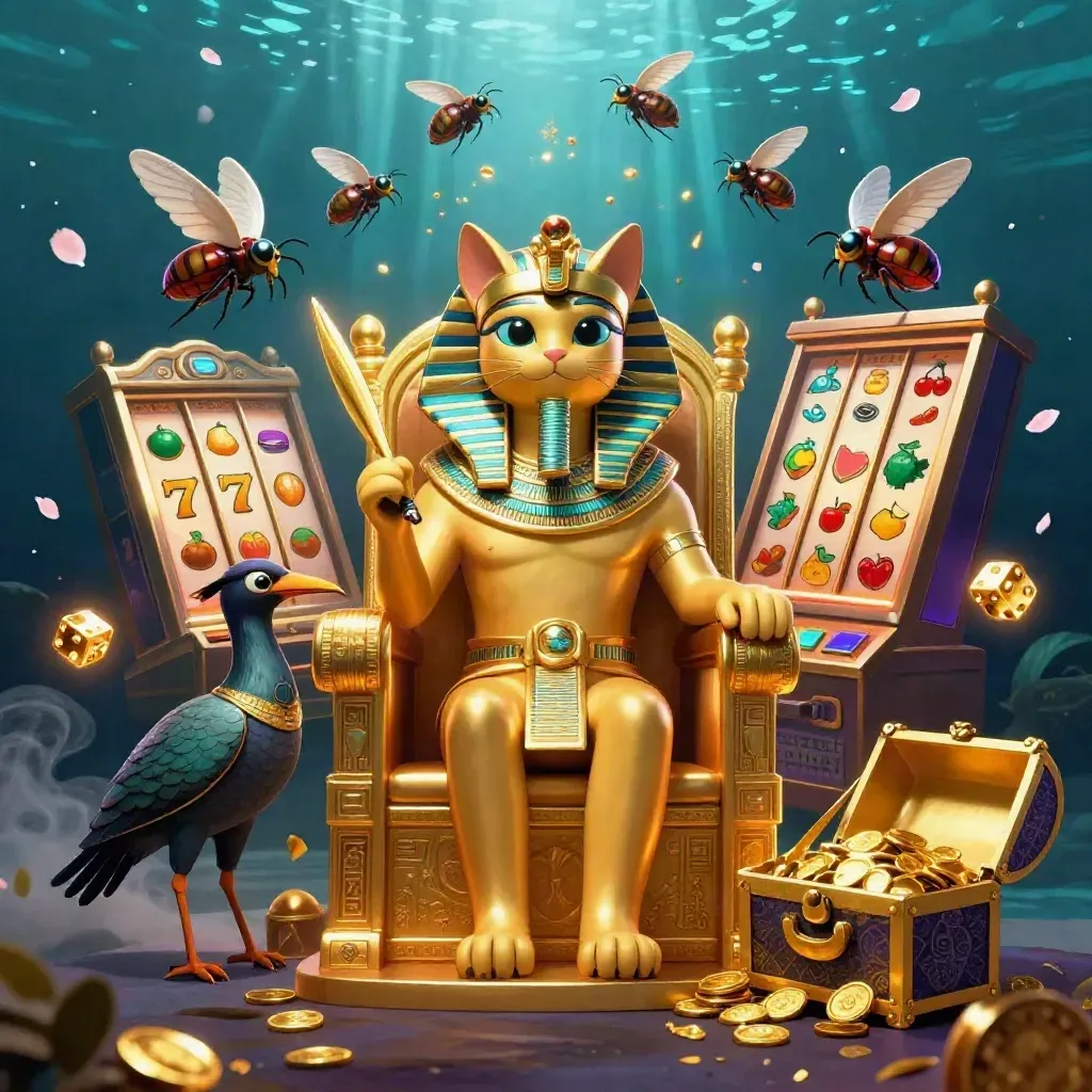 Kucing firaun emas di takhta, dikelilingi scarab, mesin slot, dan emas bercahaya.