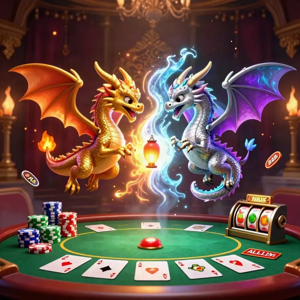 Dua naga emas dan perak berpilin, napas api dan es, dikelilingi chip, kartu, dan slot neon.